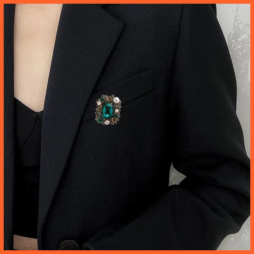 Classic Pearl Crystal Square Brooch Pin For Women