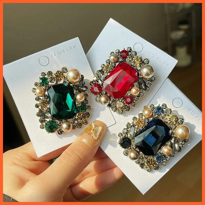 Classic Pearl Crystal Square Brooch Pin For Women