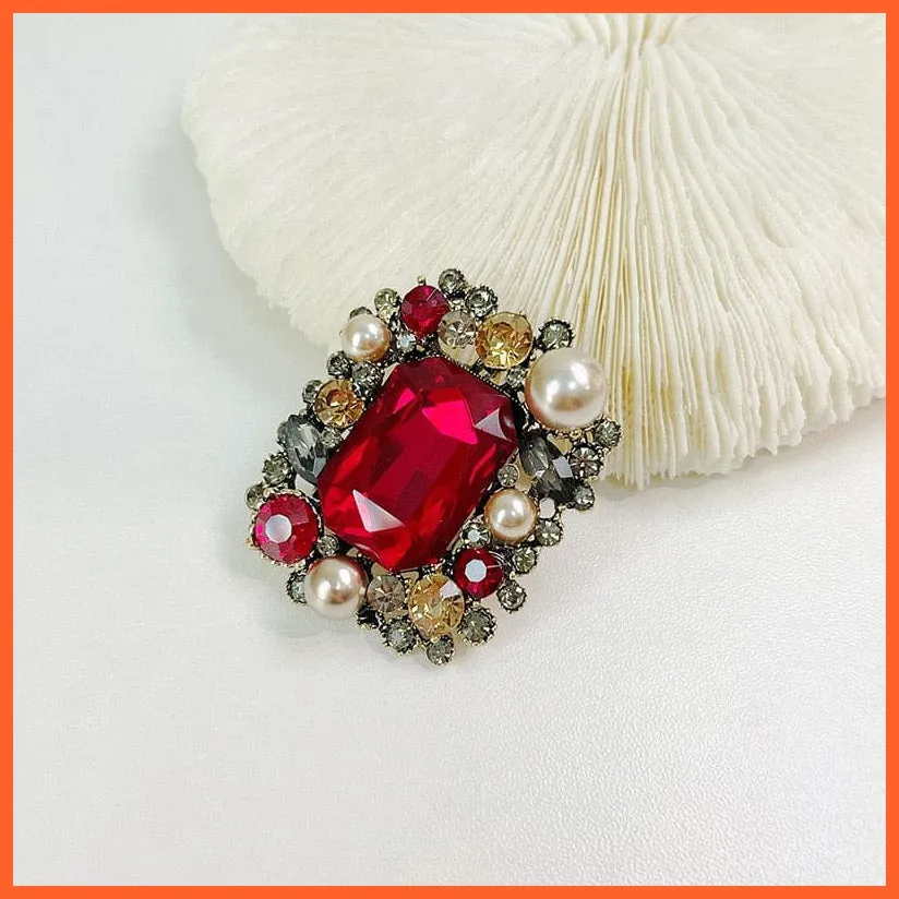 Classic Pearl Crystal Square Brooch Pin For Women