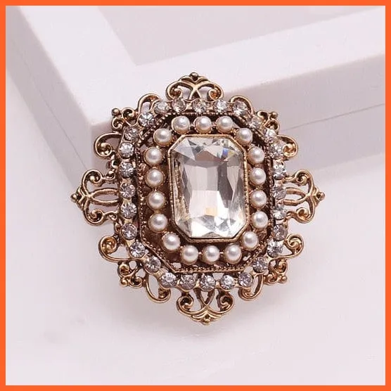 Classic Pearl Crystal Square Brooch Pin For Women
