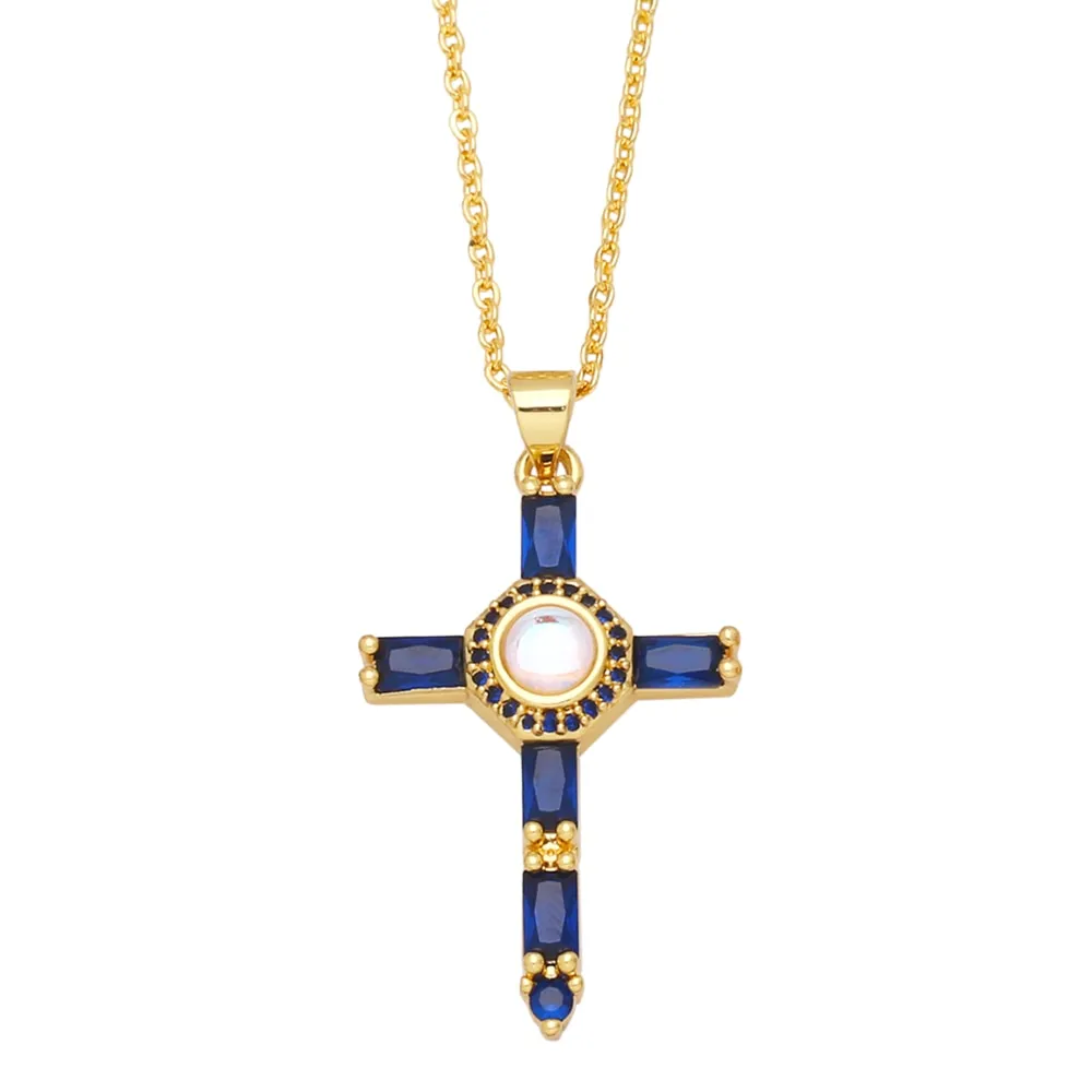Clear Round Crystal Fuchsia Cross Necklaces for Women Copper CZ Rhinestone Cross Necklaces