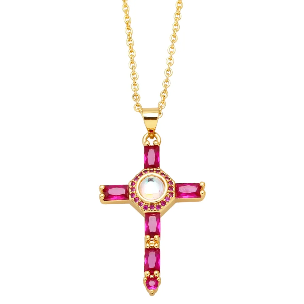 Clear Round Crystal Fuchsia Cross Necklaces for Women Copper CZ Rhinestone Cross Necklaces