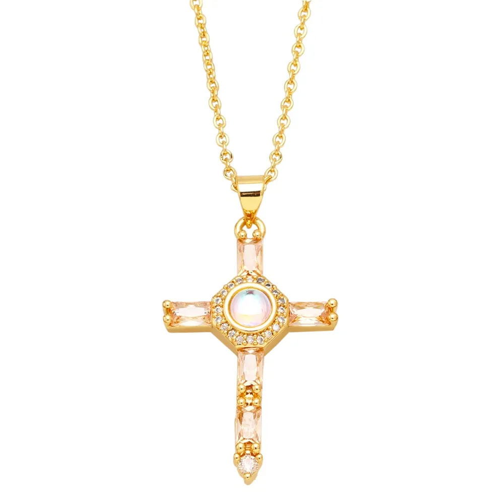 Clear Round Crystal Fuchsia Cross Necklaces for Women Copper CZ Rhinestone Cross Necklaces