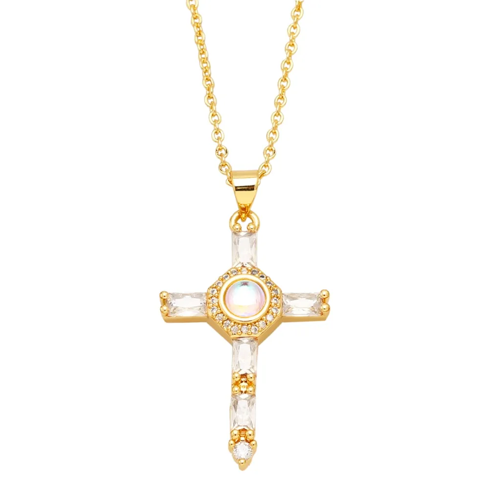 Clear Round Crystal Fuchsia Cross Necklaces for Women Copper CZ Rhinestone Cross Necklaces