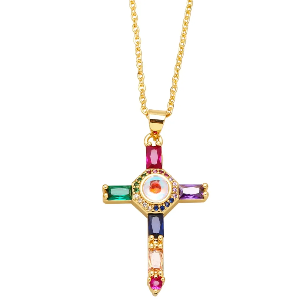Clear Round Crystal Fuchsia Cross Necklaces for Women Copper CZ Rhinestone Cross Necklaces