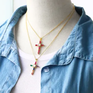 Clear Round Crystal Fuchsia Cross Necklaces for Women Copper CZ Rhinestone Cross Necklaces
