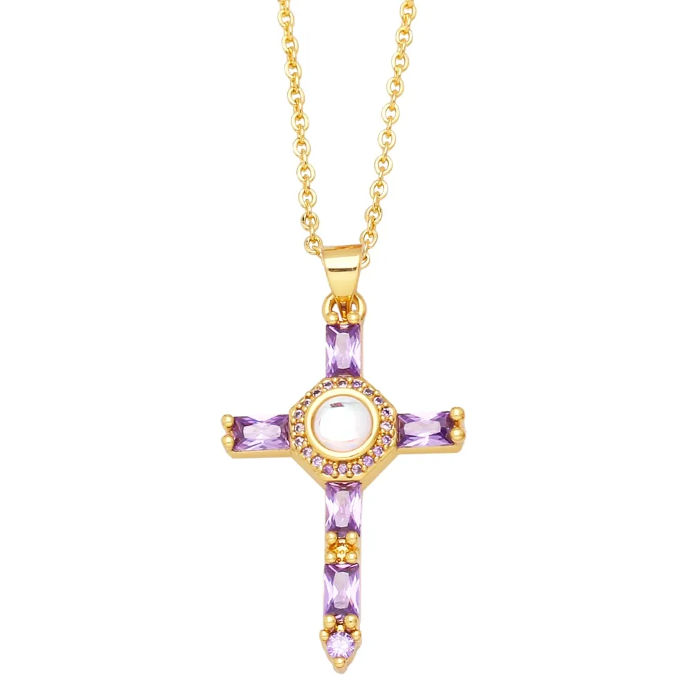 Clear Round Crystal Fuchsia Cross Necklaces for Women Copper CZ Rhinestone Cross Necklaces
