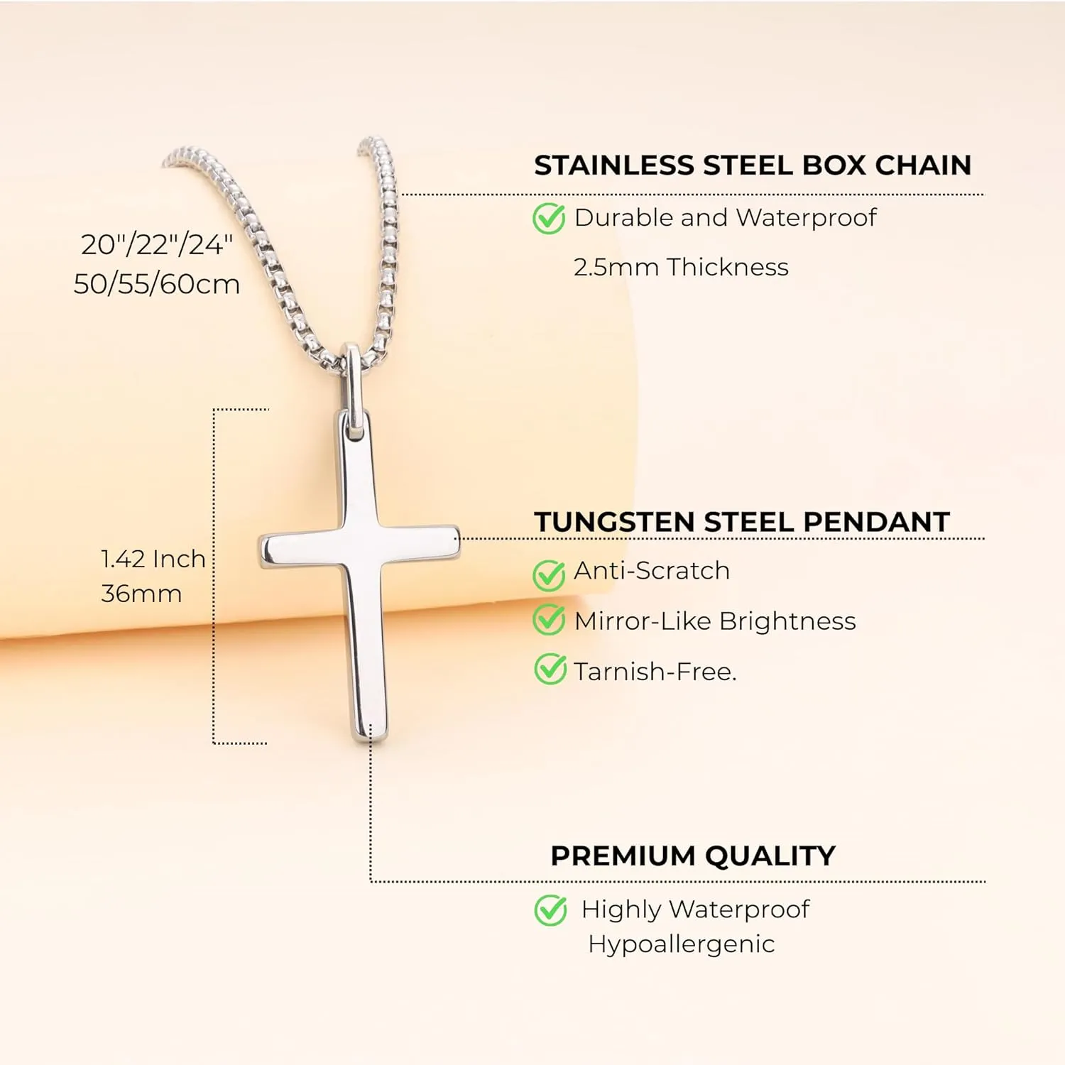 COAI Tungsten Necklace for Men, Cross Pendant Necklace for Men 20"/22"/24"