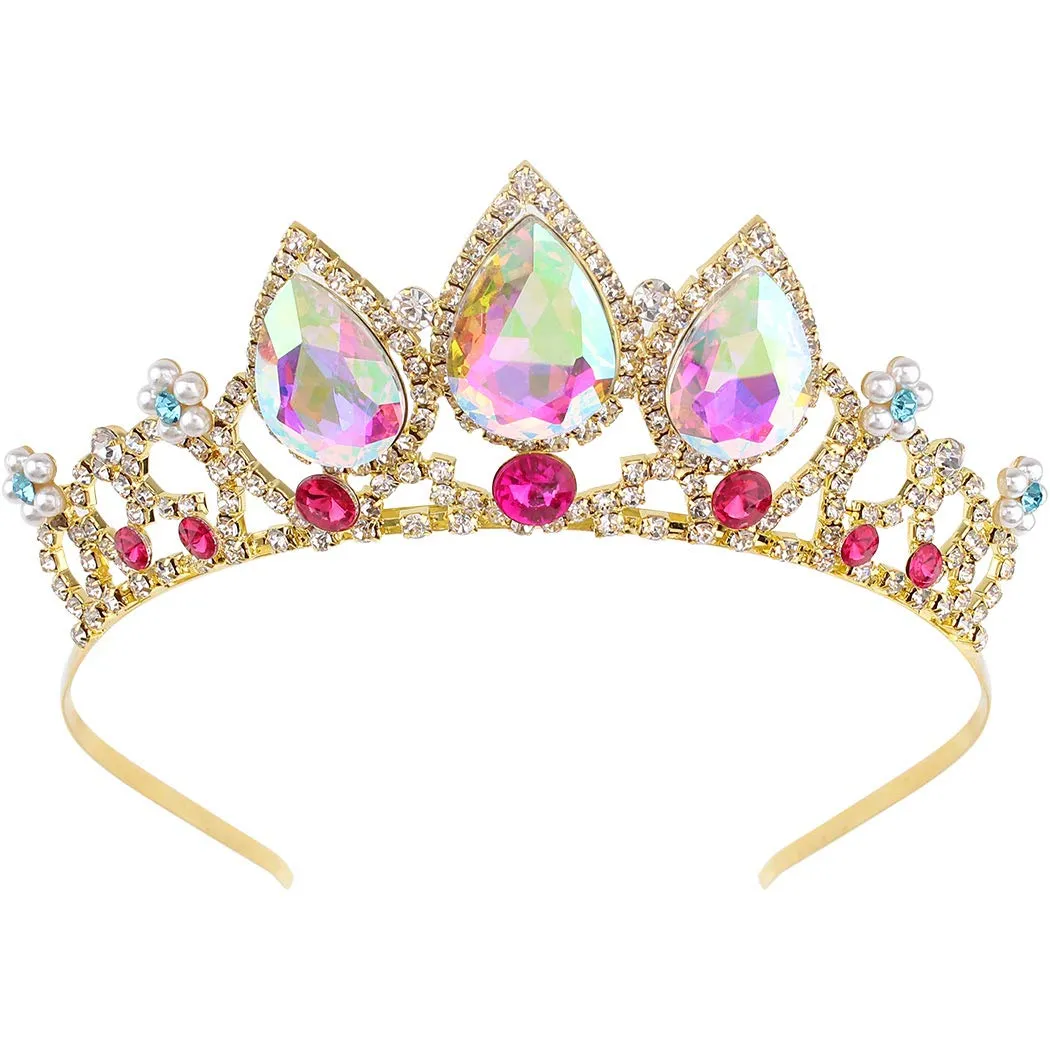 COCIDE Rapunzel Crown for Girls AB Crystal Tiara and Crown for Birthday Party Pearl Headband for Rhinestone Princess Hairpiece for Women Red Gem Wedding Hair Accessories for Halloween Costume Prom