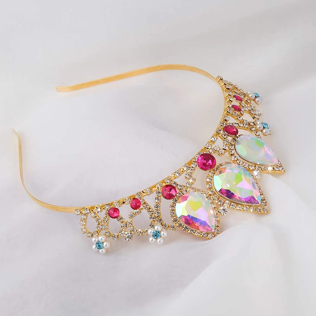 COCIDE Rapunzel Crown for Girls AB Crystal Tiara and Crown for Birthday Party Pearl Headband for Rhinestone Princess Hairpiece for Women Red Gem Wedding Hair Accessories for Halloween Costume Prom
