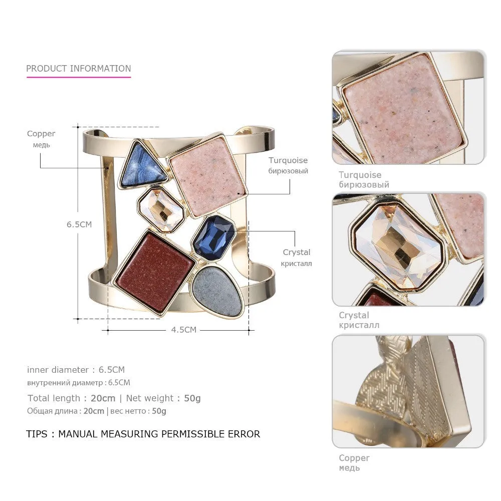 Colorful Geometric Hollow Statement Cuff Bangle Open Bracelets for Women Crystal Stone Copper Gold Plated Jewelry