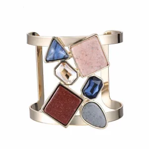 Colorful Geometric Hollow Statement Cuff Bangle Open Bracelets for Women Crystal Stone Copper Gold Plated Jewelry