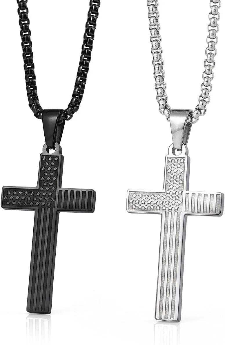 Couple His and Hers Distance Necklaces American Flag Cross Necklaces Gift for Men Women, 2-Pack