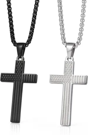Couple His and Hers Distance Necklaces American Flag Cross Necklaces Gift for Men Women, 2-Pack