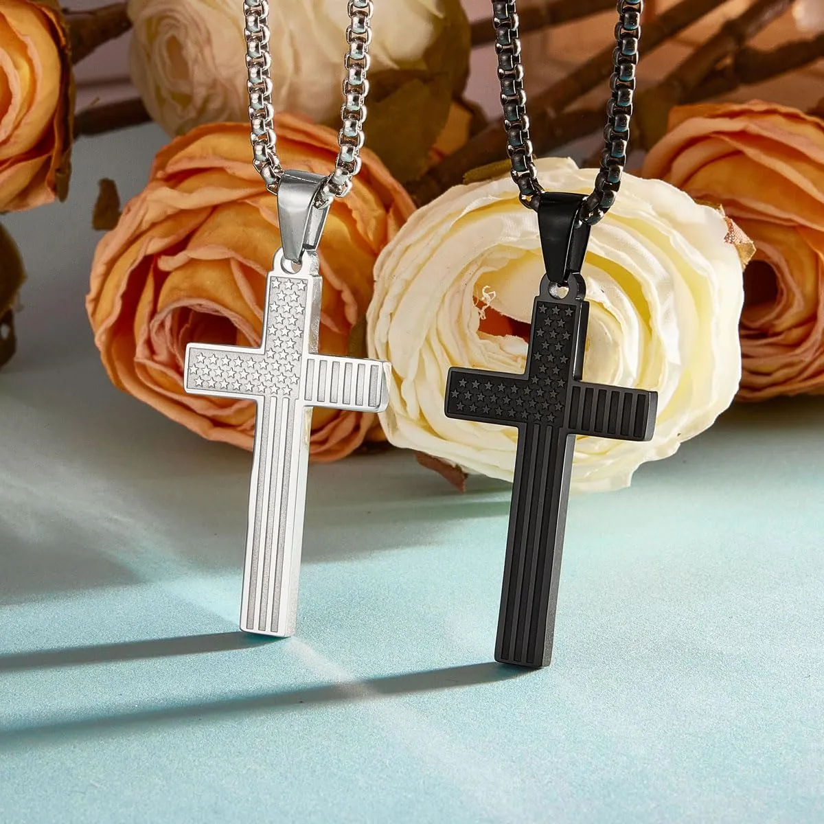 Couple His and Hers Distance Necklaces American Flag Cross Necklaces Gift for Men Women, 2-Pack
