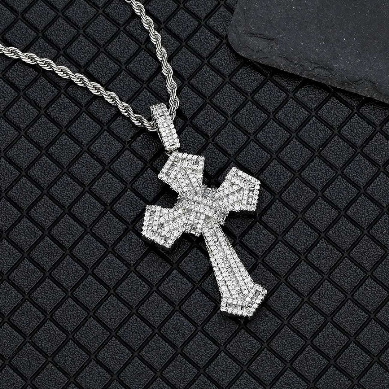Cross Necklace for Men, Cross Chain for Men, 14K Gold&Silver Plated Solid Iced out CZ Lab Cubic Zirconia Gold Plated Cross Necklace with 24'' Rope Chain Hip-Hop Jewelry for Men Women