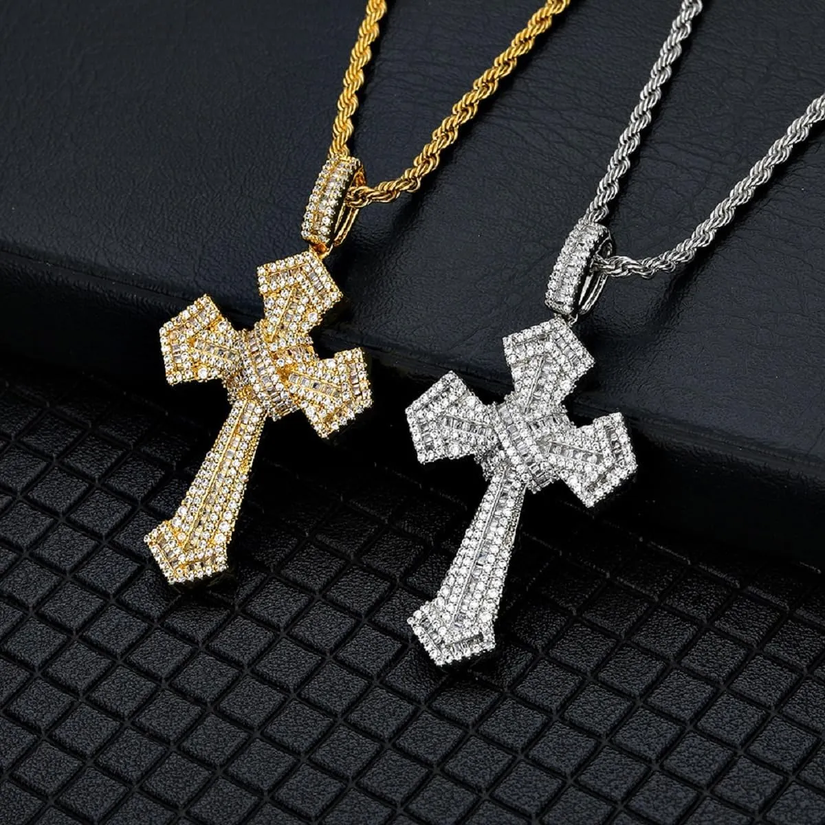 Cross Necklace for Men, Cross Chain for Men, 14K Gold&Silver Plated Solid Iced out CZ Lab Cubic Zirconia Gold Plated Cross Necklace with 24'' Rope Chain Hip-Hop Jewelry for Men Women