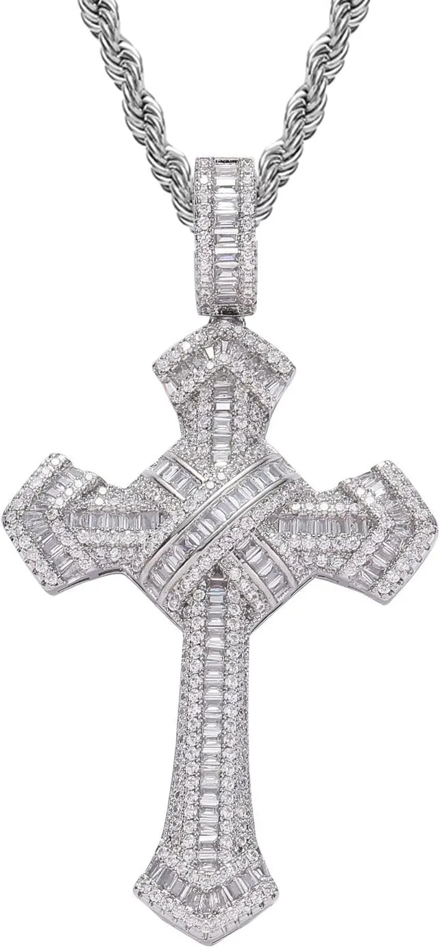Cross Necklace for Men, Cross Chain for Men, 14K Gold&Silver Plated Solid Iced out CZ Lab Cubic Zirconia Gold Plated Cross Necklace with 24'' Rope Chain Hip-Hop Jewelry for Men Women