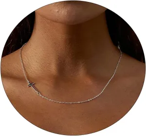 Cross Necklace for Women 14K Gold Plated Dainty Cubic Zirconia Sideways Cross Necklace Simple Cute Layered Gold Cross Pendant Satellite Chain Necklace Trendy Fashion Jewelry Gifts