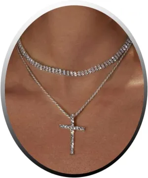 Cross Necklace for Women, 18K Gold/Silver Plated Dainty CZ Diamond Cross Pendant Choker Necklace for Women Simple Layered Cross Necklaces for Women