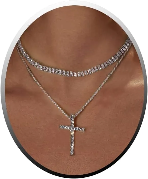 Cross Necklace for Women, 18K Gold/Silver Plated Dainty CZ Diamond Cross Pendant Choker Necklace for Women Simple Layered Cross Necklaces for Women
