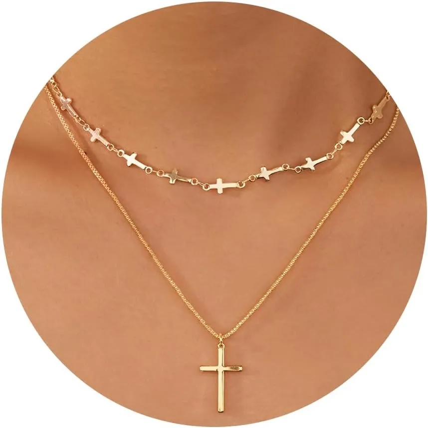 Cross Necklace for Women, Dainty14K Real Gold Silver Plated Cross Choker Pendant Jewelry Non Tarnish Waterproof Trendy Cute Simple Small Necklace Easter Christian Baptism Religious Faith Jewelry Gifts