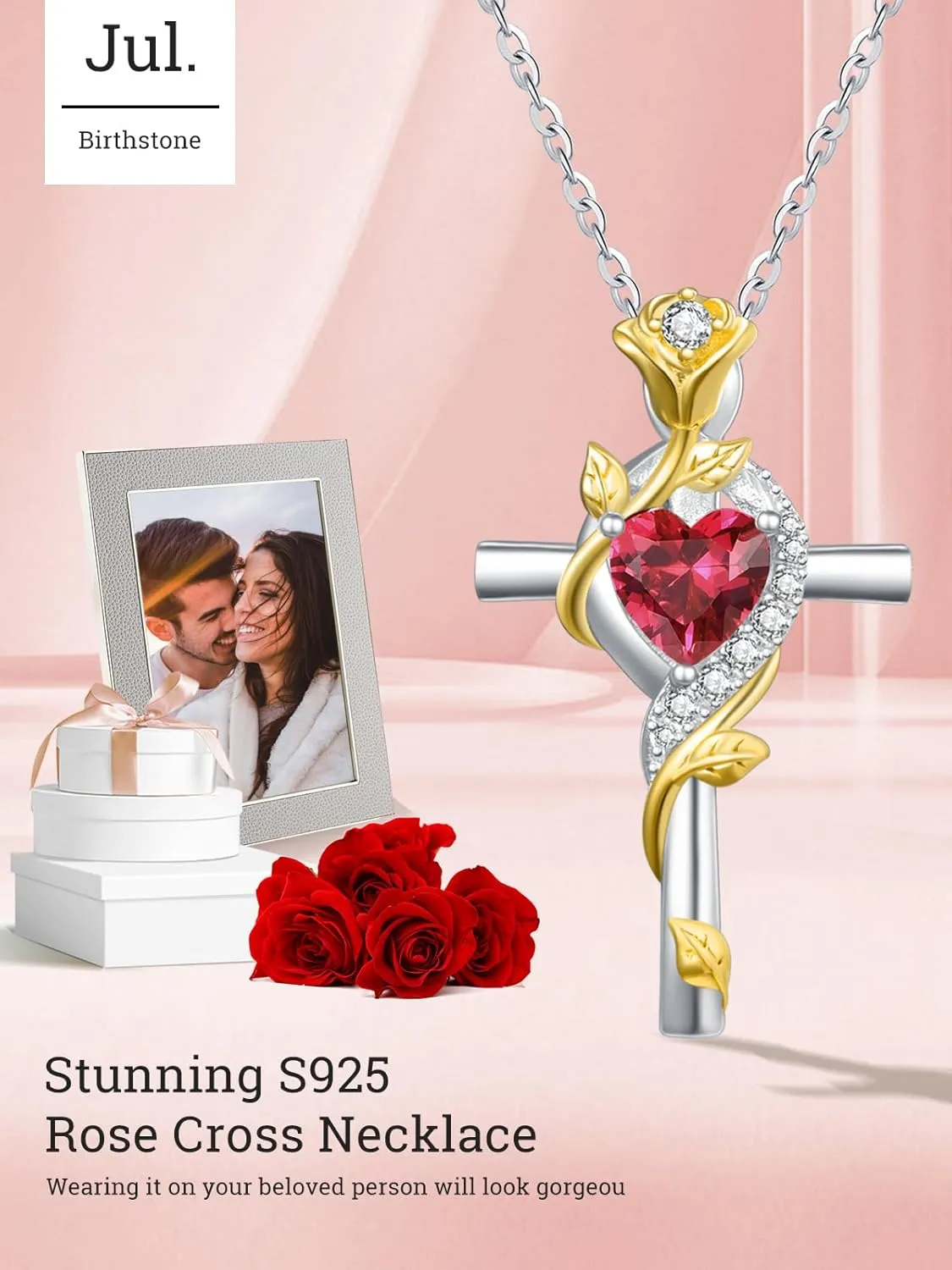 Cross Necklaces for Women Rose Cross Birthstone Heart Pendant Rose Flower Necklaces Dainty Jewelry Christmas/Valentines Day/Wedding Anniversary/Birthday Gifts for Wife Mom Grandma