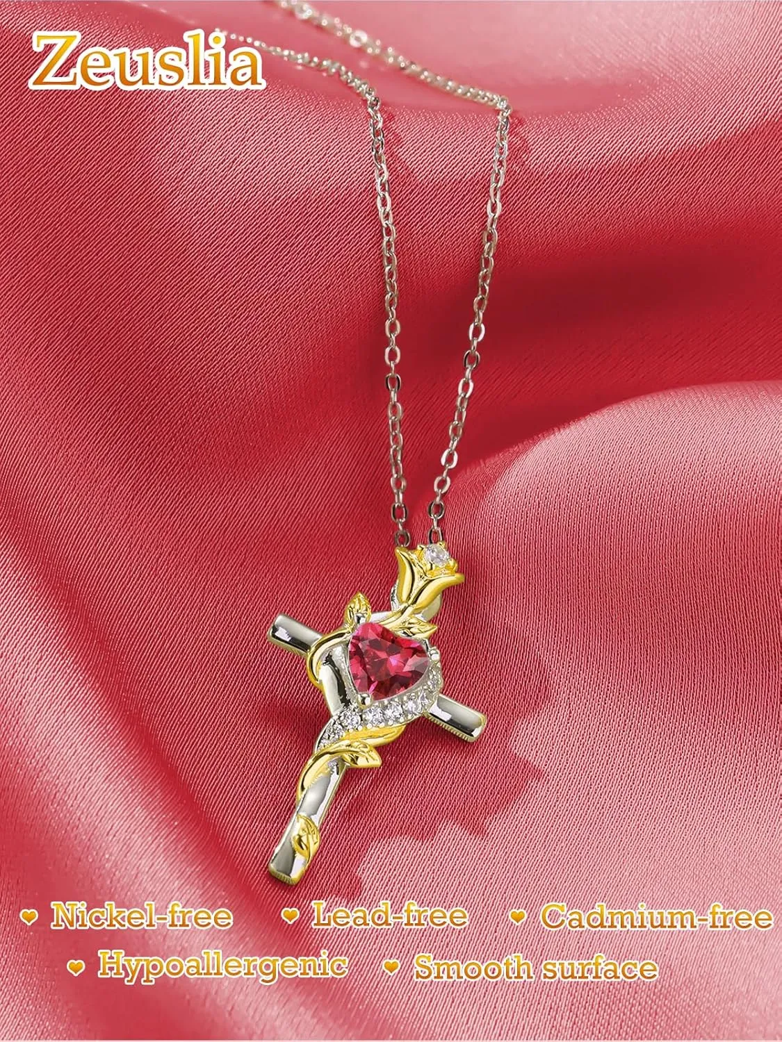 Cross Necklaces for Women Rose Cross Birthstone Heart Pendant Rose Flower Necklaces Dainty Jewelry Christmas/Valentines Day/Wedding Anniversary/Birthday Gifts for Wife Mom Grandma