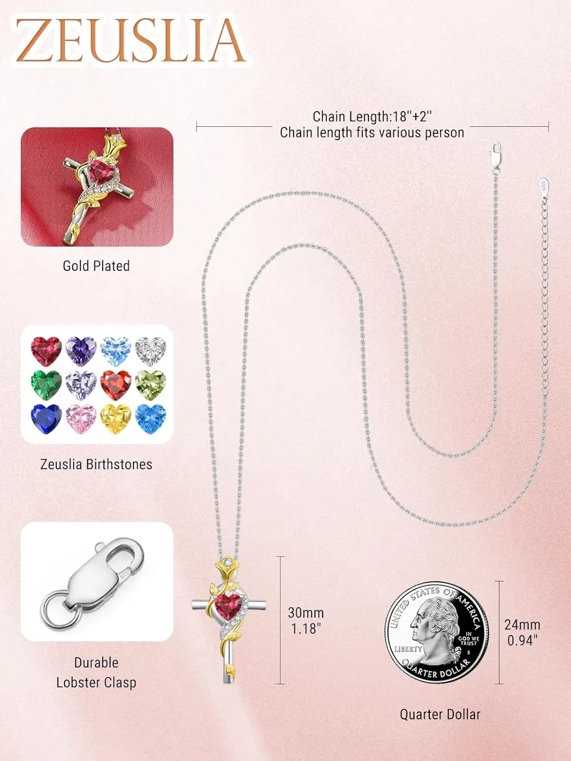 Cross Necklaces for Women Rose Cross Birthstone Heart Pendant Rose Flower Necklaces Dainty Jewelry Christmas/Valentines Day/Wedding Anniversary/Birthday Gifts for Wife Mom Grandma