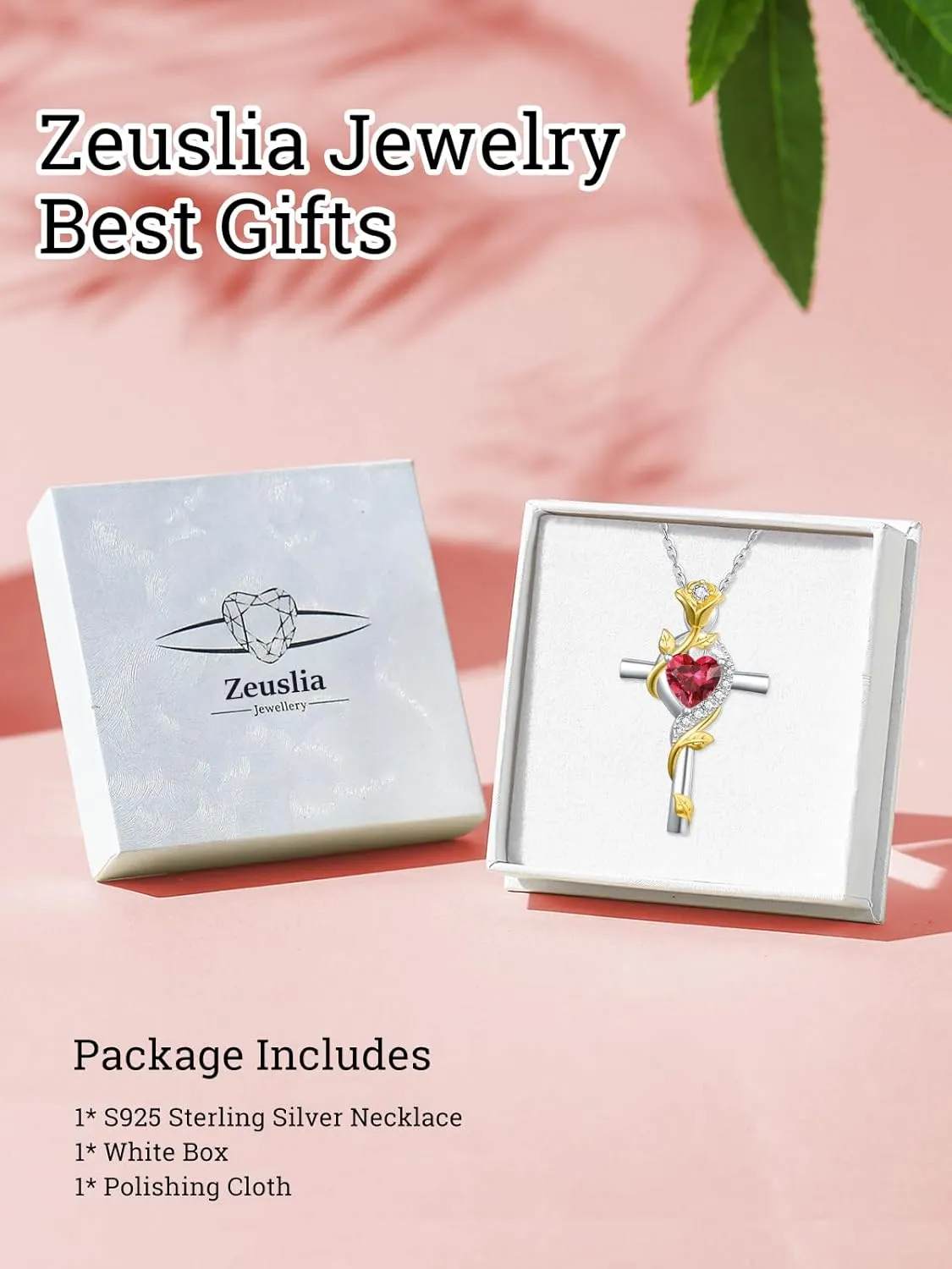 Cross Necklaces for Women Rose Cross Birthstone Heart Pendant Rose Flower Necklaces Dainty Jewelry Christmas/Valentines Day/Wedding Anniversary/Birthday Gifts for Wife Mom Grandma