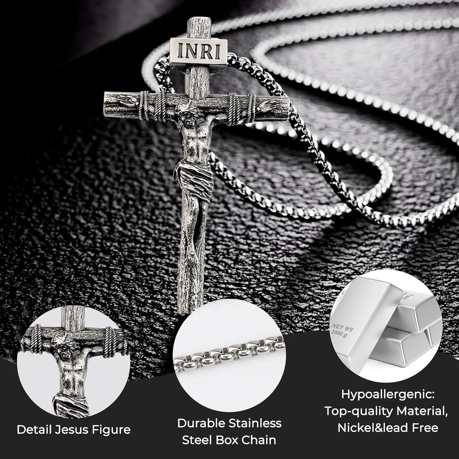 Crucifix Cross Necklace for Men and Women with 18K Gold Plated Exquisite Jesus Pendant and Double Adjustable Necklace Chains 16-30 Inch