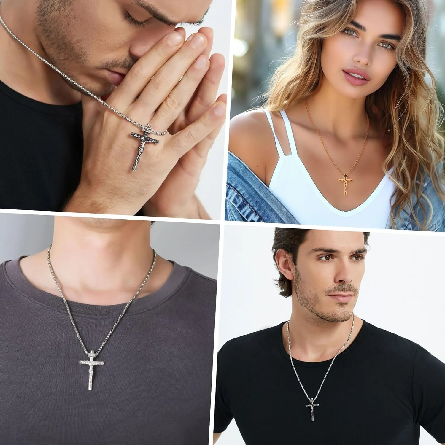 Crucifix Cross Necklace for Men and Women with 18K Gold Plated Exquisite Jesus Pendant and Double Adjustable Necklace Chains 16-30 Inch