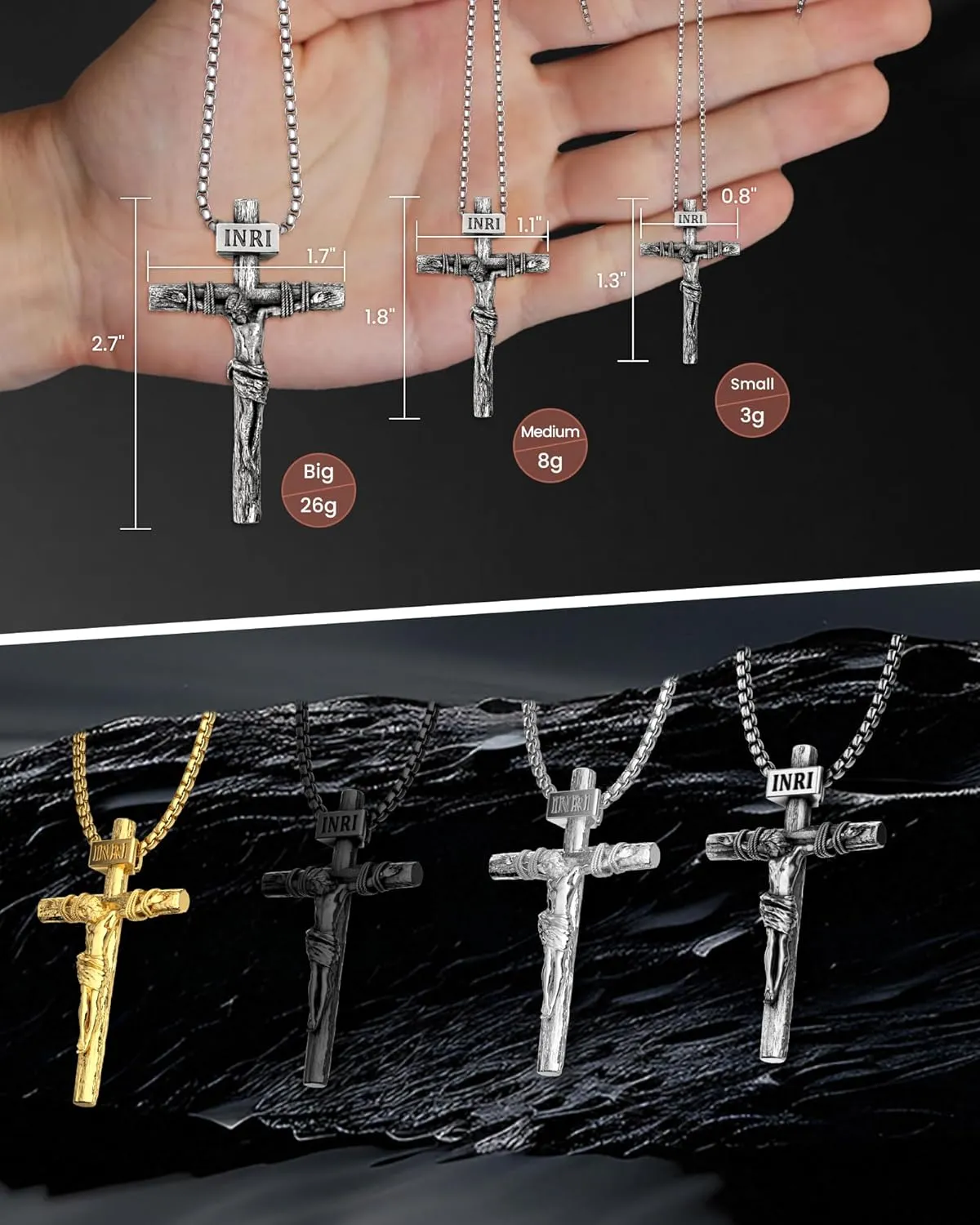Crucifix Cross Necklace for Men and Women with Exquisite Jesus Pendant and Stainless Steel Chain 16-30 Inch