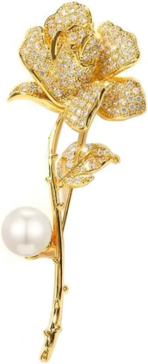 Crystal Pearl Rose Brooch Lapel Pin Gold Rhinestone Lapel Pin Fabric Dress Accessory Ladies Gift