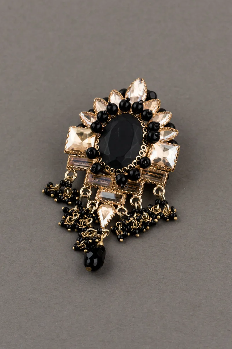 Crystal With Black Stone Brooch