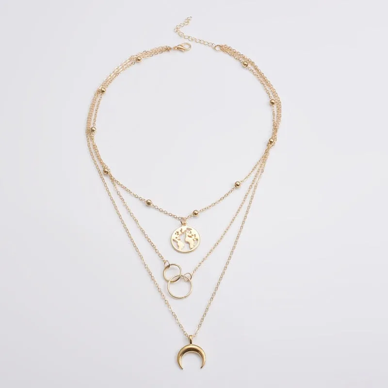 Crystal Zircon Heart Star Charm Layered Pendant Necklace Set for Women