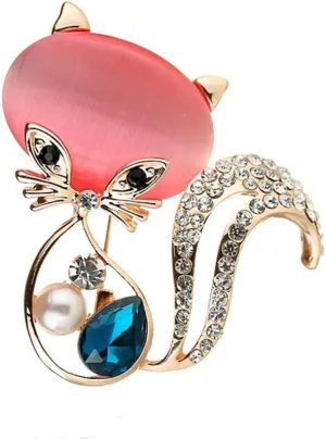 Cute Cat Brooches Pretty Animal Brooc Pin Full Shining Elegant Crystal Pink Cat's Eye Stone Brooch Fashion Jewelry for Women Girl Gift