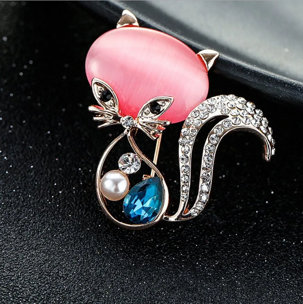 Cute Cat Brooches Pretty Animal Brooc Pin Full Shining Elegant Crystal Pink Cat's Eye Stone Brooch Fashion Jewelry for Women Girl Gift