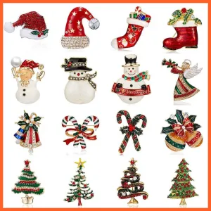 Cute Christmas Brooch For Everyone | Snowman Santa Claus Tree Deer Bell Hat Rhinestone Enamel