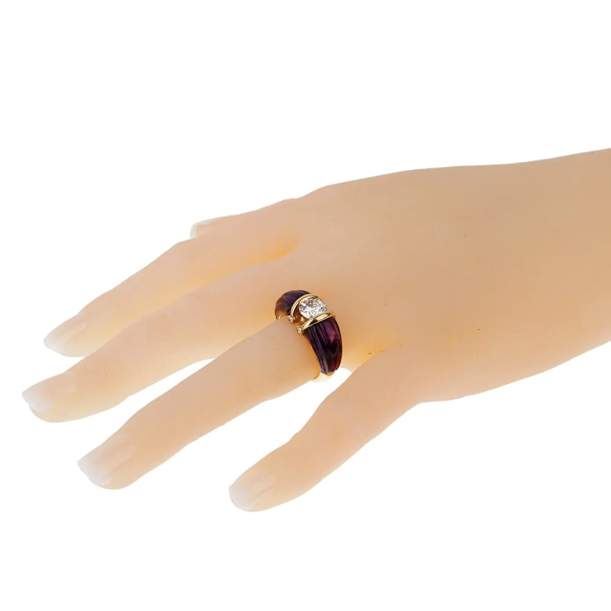 Dior Carved Amethyst Diamond Solitaire 18k Yellow Gold Ring