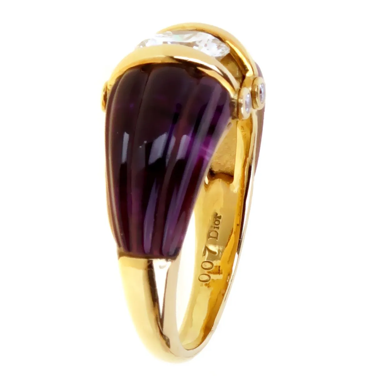 Dior Carved Amethyst Diamond Solitaire 18k Yellow Gold Ring