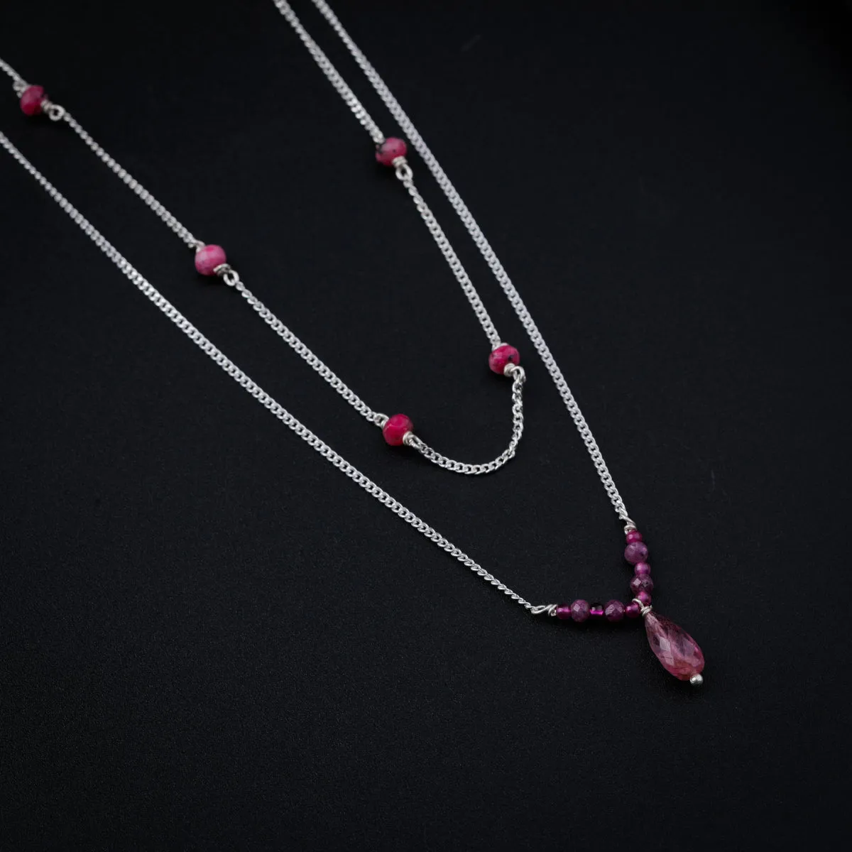 Double Layer Silver Chain Necklace with Garnet Stones