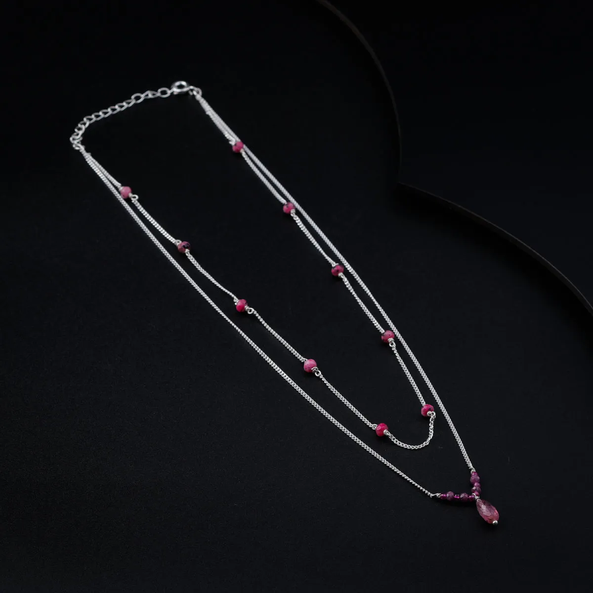 Double Layer Silver Chain Necklace with Garnet Stones