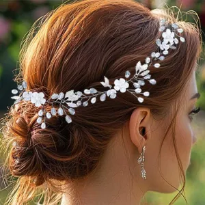 EASEDAILY Flower Bridal Headpiece Silver Leaf Rhinestone Wedding Hair Accessories for Women