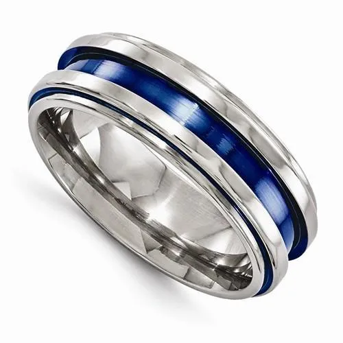 Edward Mirell Titanium Grooved Blue Anodized Band - 7mm