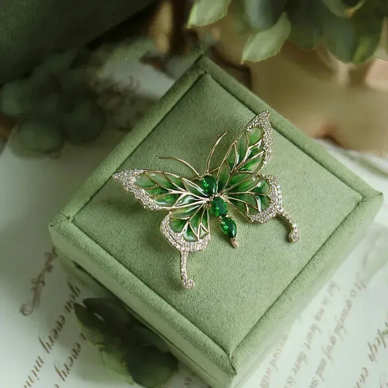Emerald Butterfly Brooch Encrusted With Rhinestones and Imitation Gemstones