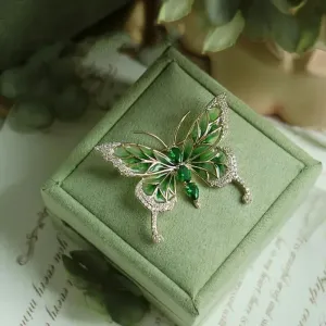 Emerald Butterfly Brooch Encrusted With Rhinestones and Imitation Gemstones