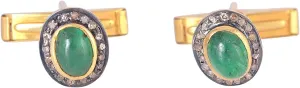 Emerald Gemstone Cufflinks For Men Oval Shape 925 Sterling Silver Cufflinks  1.46 Cts Emerald 0.23 Carat Brown Diamond (I2-I3 Clarity) Festive Wedding Outfit Buttons For Men (2 Pieces)