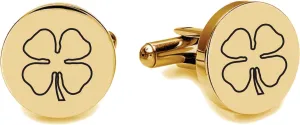 Engraved Circle Gold Four Leaf Clover Shamrock Cufflinks - Ships From USA