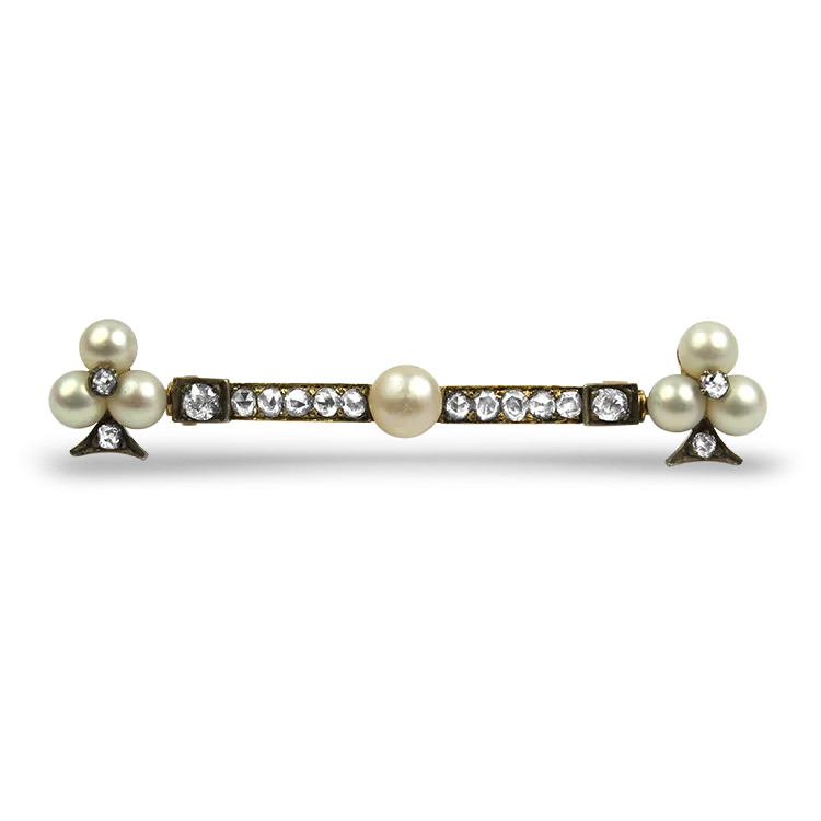 Estate 14K Yellow Gold Georgian / Victorian Clover Diamond and Pearl Brooch